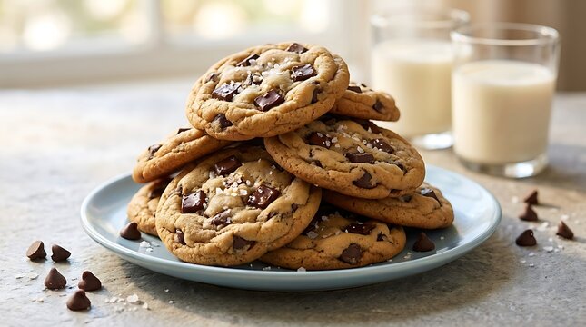 Stack of homemade chocolate chip cookies with sea salt on a blue plate with glasses of milk