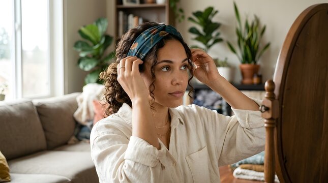 Young curly haired woman adjusting a patterned headband while checking her reflection in a wooden mirror for a wellness and self-care concept