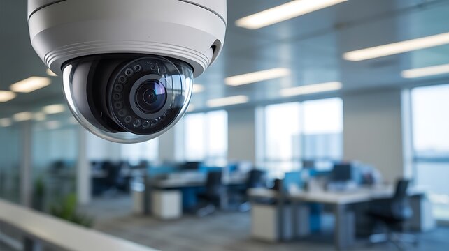 A security camera monitors an office space with desks and chairs.