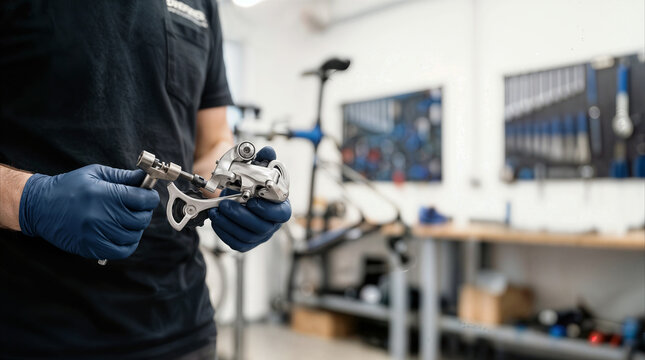 Bicycle repair mechanic hands assembling derailleur and chain tool in professional bike workshop with tools for cycling service and maintenance.
