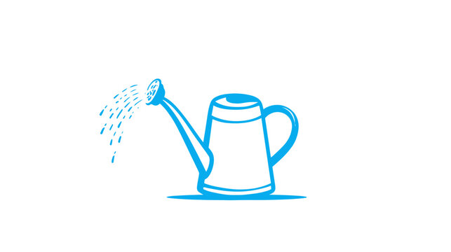 A cartoon illustration of a blue watering can with water spraying from the spout on a white background