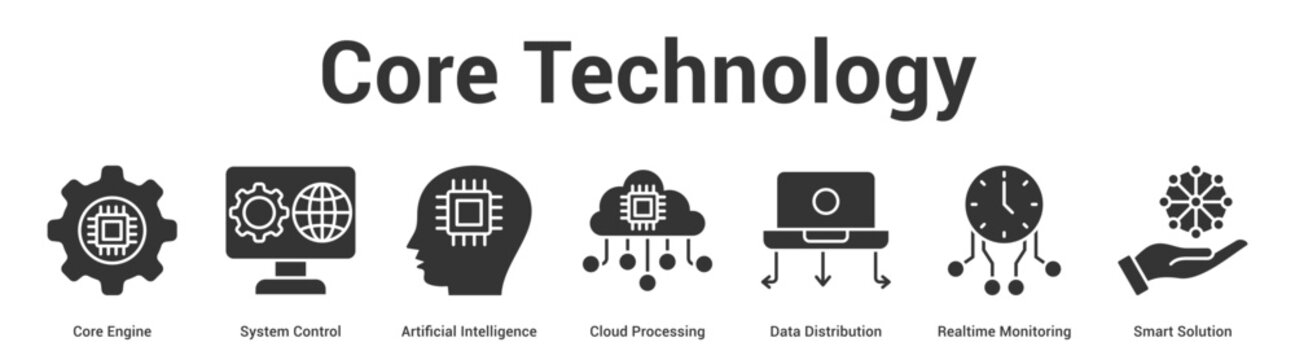 Core Technology web banner icon set vector illustration concept for business with icon of Core Engine, System Control, Artificial Intelligence, Cloud Processing, Data Distribution, Realtime Monitori.