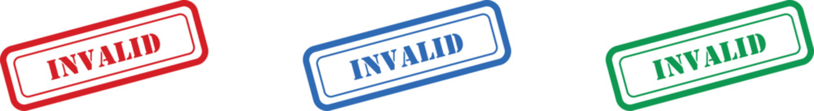 Collection of three rectangular stamps in vibrant red, blue, and green displaying the word invalid clearly