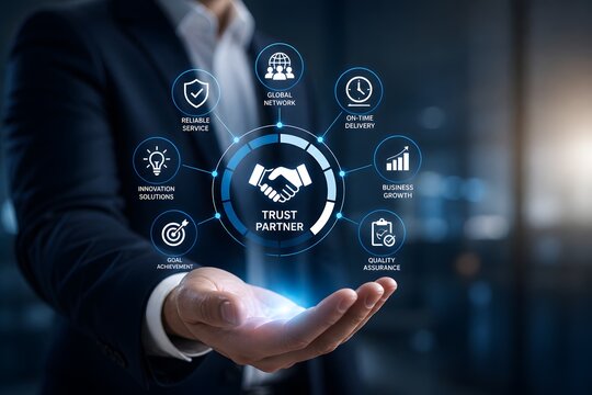 Trusted partner ecosystem concept. Business growth and quality assurance strategy. Businessman holding digital trust network interface with service and innovation icons.
