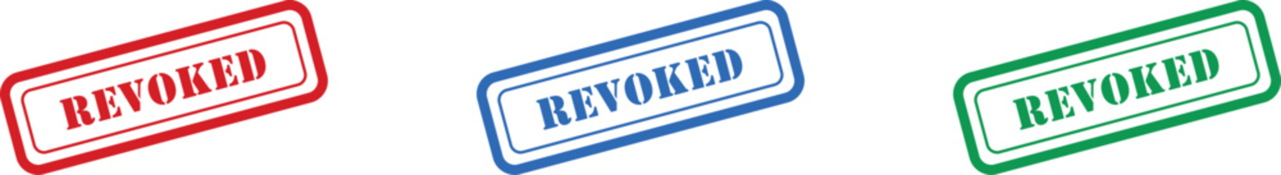 Set of three colorful rubber stamp labels displaying the word REVOKED in red, blue, and green