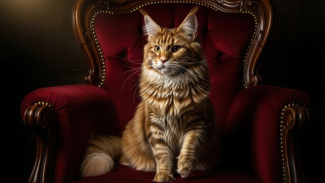 A beautiful ginger Maine Coon cat on a vintage red chair.