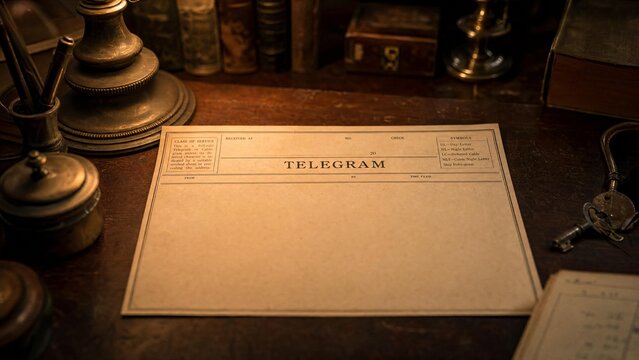 Vintage telegram form on old wooden desk with antique objects