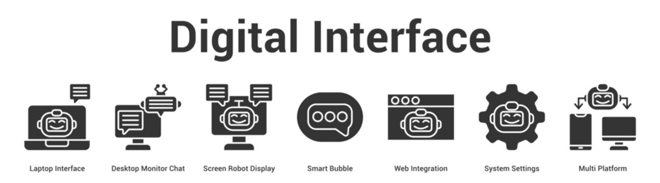 Digital Interface web banner icon set vector illustration concept for business with icon of Laptop Interface, Desktop Monitor Chat, Screen Robot Display, Smart Bubble, Web Integration, System Settin.