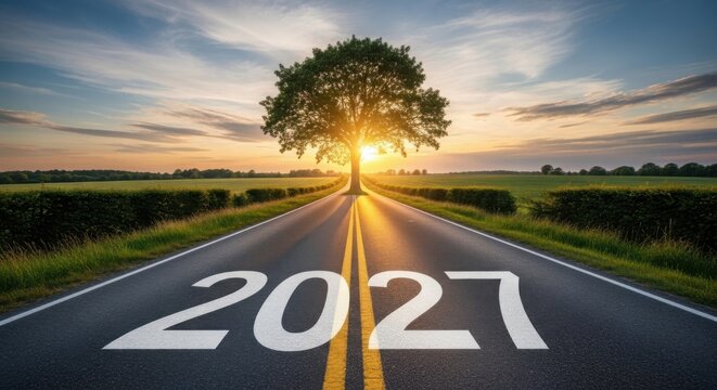 A road with the year 2027 written on it leading to a tree at sunset illustration