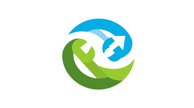 A stylized logo with overlapping shapes, including a wrench, a upward arrow, in green and blue