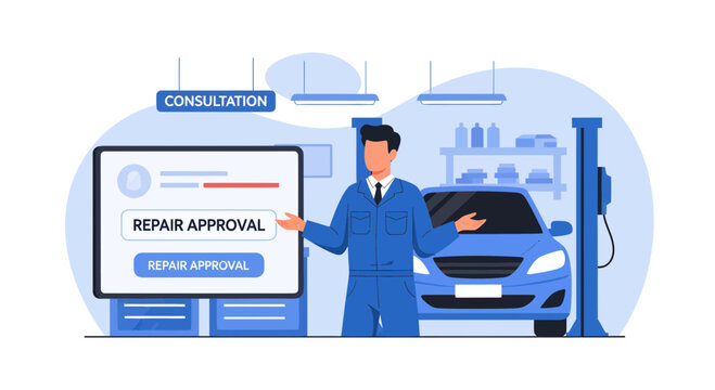 Mechanic in blue uniform presenting repair.