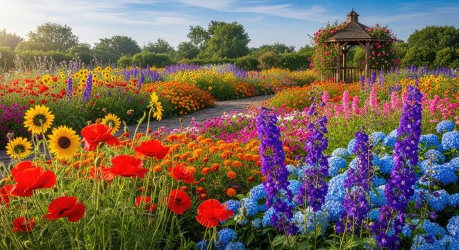 Colorful flower garden with wooden gazebo and stone path