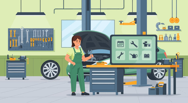 Mechanic working on car computer 1.