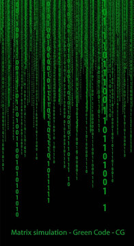 Vertical digital rain effect with green binary code zeros and ones falling down a black background, representing a computer system matrix simulation, data flow, and programming.