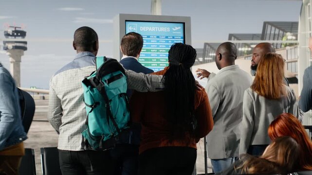 Checking flight status information, screen and diverse tourists with trolleys in airport. Looking at flight timetable, electronic announcement board and passengers walking in airplane terminal