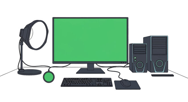 Vector illustration of a professional workstation with a chroma key green screen monitor, keyboard, mouse, dual PC tower cases, and a studio ring light on a white background.