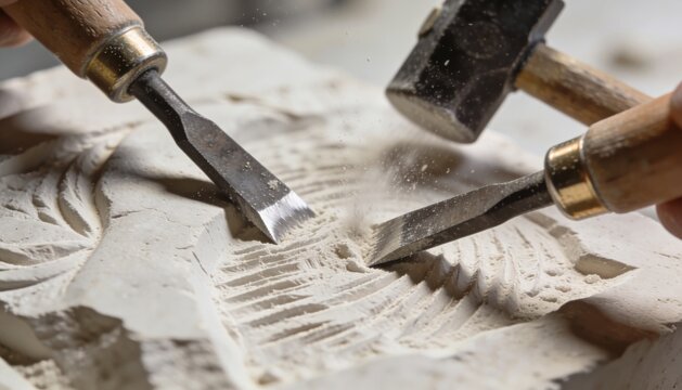 Stone carver carving a bas relief with chisels shaping pale stone floral detail