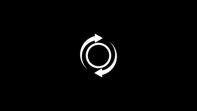 A white circular featuring a checkmark inside a circle surrounded by two opposing arrows indicating a continuous process or refresh cycle on a solid black background, representing confirmation and