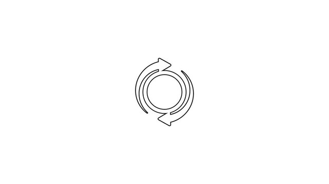 A simple black outline of a circular with a checkmark inside, enclosed by two opposing arrows suggesting a refresh or cyclical process, presented on a clean white background for clear visibility