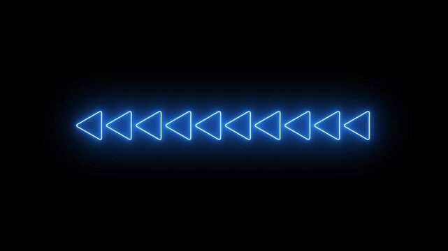 A series of six glowing blue neon triangle arrows pointing to the left on a black background representing backward movement rewind function and navigation controls