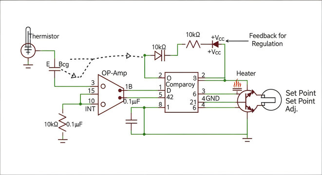 Electronic circuit diagram with thermistor and heater