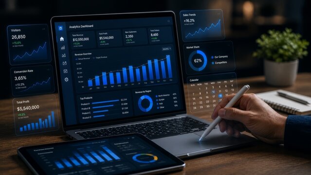 Business analytics dashboard with sales trends, revenue growth, profit analysis, market share, conversion rate and performance tracking for strategic decision making.