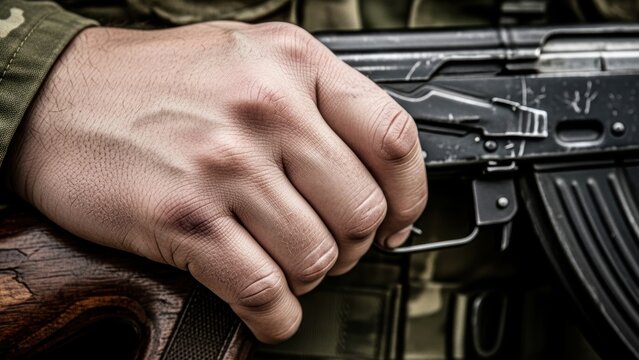 Close-up of a soldier's hand resting on the receiver of an assault rifle.