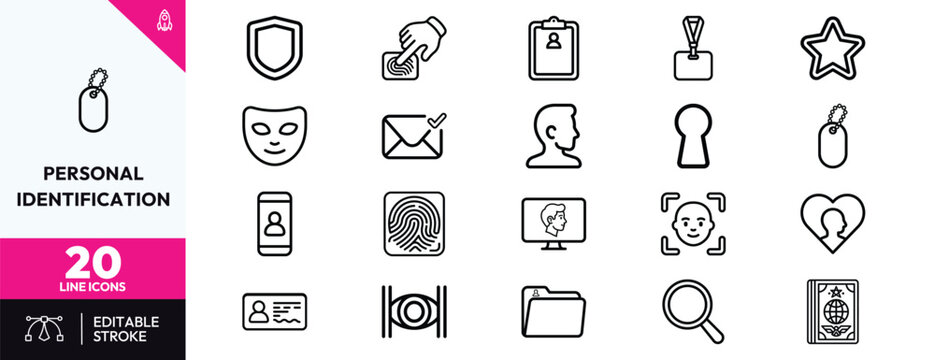 Personal identification icons line art security badges IDs identity card documents avatars for authentication training branding and compliance visuals