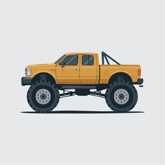 Fototapeta premium Large yellow pickup truck with lifted suspension and big wheels isolated on white