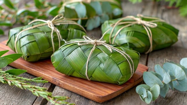 Woven Green Ketupat Packages Tied with Twine on Wooden Board