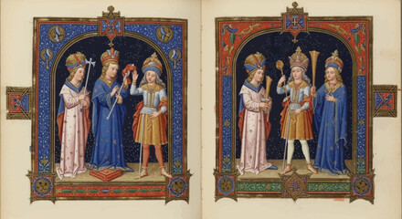 Fototapeta premium Medieval illuminated manuscript royal figures.