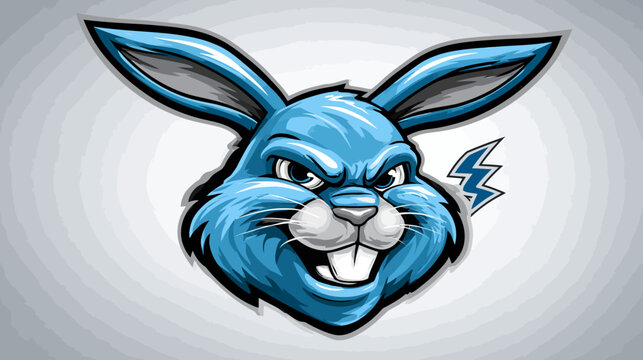 Cartoon-style illustration of a blue, angry rabbit's head, featuring a lightning bolt