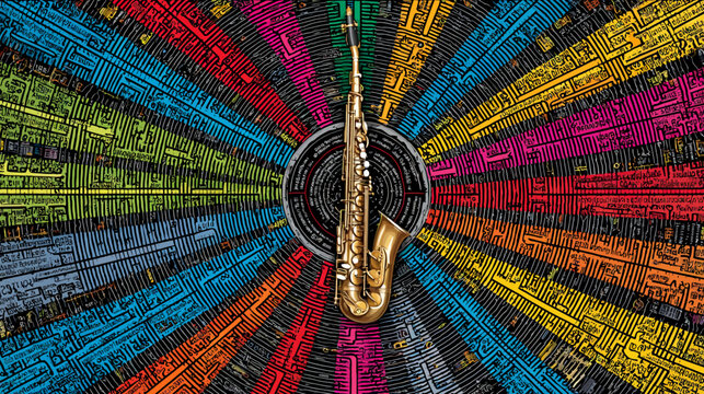 A golden saxophone is centered on a radial design of colorful lines, with a black background