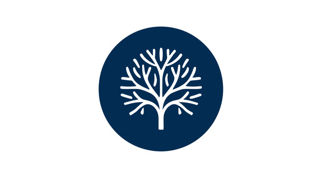 A white stylized tree silhouette enclosed within a dark blue circle on a white background