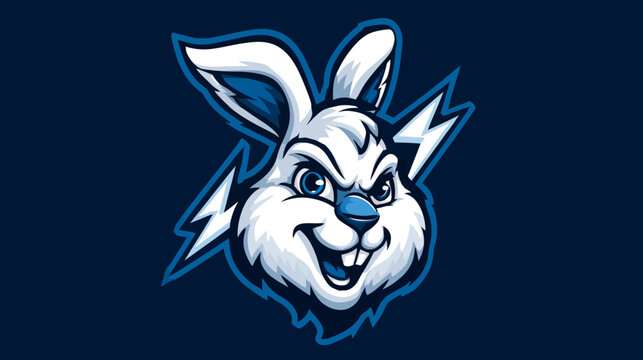 A stylized rabbit with an angry expression, lightning bolt motif, on a navy blue background