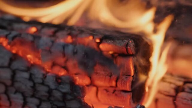 Close examination reveals the intense heat and vibrant glow emanating from burning logs, showcasing the fascinating textures and fiery energy within a natural hearth
