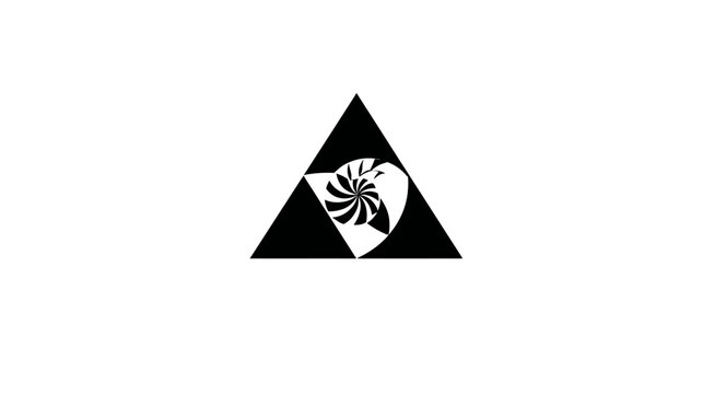 A black equilateral triangle containing a spiral element, with black and white segments, on white