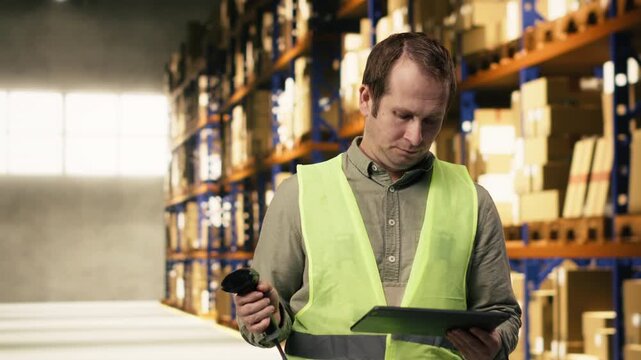 Professional staff scanning barcodes during order fulfillment process. Warehouse management system overseeing inventory for reliable e-commerce shipping and global delivery operations.