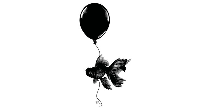 Black silhouette image of a fish tethered to a black balloon on a plain white background