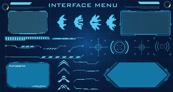 Digital Interface Menu: A sleek, futuristic interface menu composed of lines, shapes, and vibrant blue elements, perfect for technology-related applications and design projects.