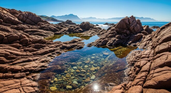 Coastal rock pools with mountain view on a sunny day