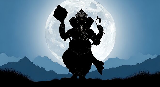 Ganesha silhouette moon mountain.