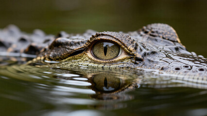 Fototapeta premium Close up of an alligator eye reflecting in dark swamp water