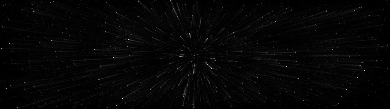 Dynamic white light streaks radiating outwards from a central point against a stark black background creating a sense of rapid motion and cosmic explosion