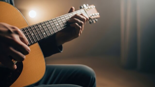 A musician's hands playing chords on an acoustic guitar in a warmly lit room.