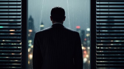Fototapeta na wymiar Man in a suit looking out at a rainy city skyline at night.