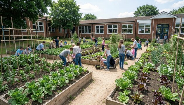 Schoolyard with vegetable garden and students learning among raised beds near campus