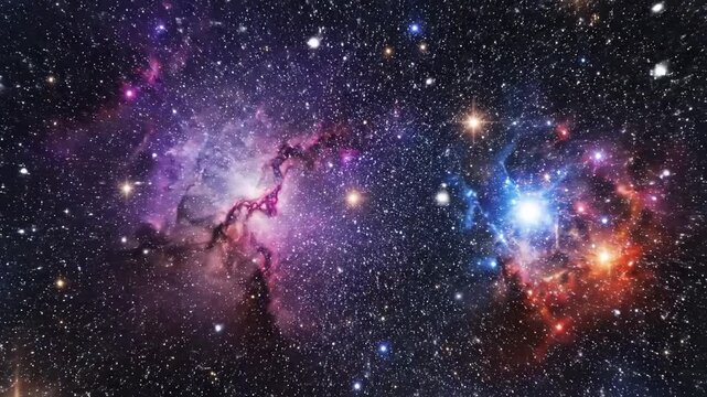 An ethereal cosmic panorama unfolds, showcasing vibrant nebulae swirling with iridescent hues of pink, purple, and fiery orange, punctuated by countless luminous stellar bodies across the vast