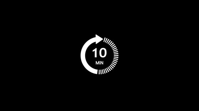 White circular timer with a rotating arrow and the number 10 indicating ten minutes against a solid black background symbolizing time management and countdowns