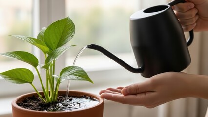 Hand watering a green potted plant with a black watering can.